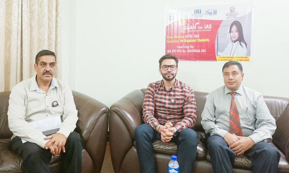 The officials from CT University, Punjab Pro-Chancellor Dr Manbir Singh, Principal Dr Rohit Sharma and Deputy Director M Sanjay Sharma interacting with the media fraternity at Hotel Saramati, Dimapur on December 3.